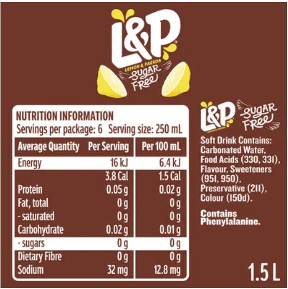 L&P Sugar Free Soft Drink 1.5l - Cafe Supply