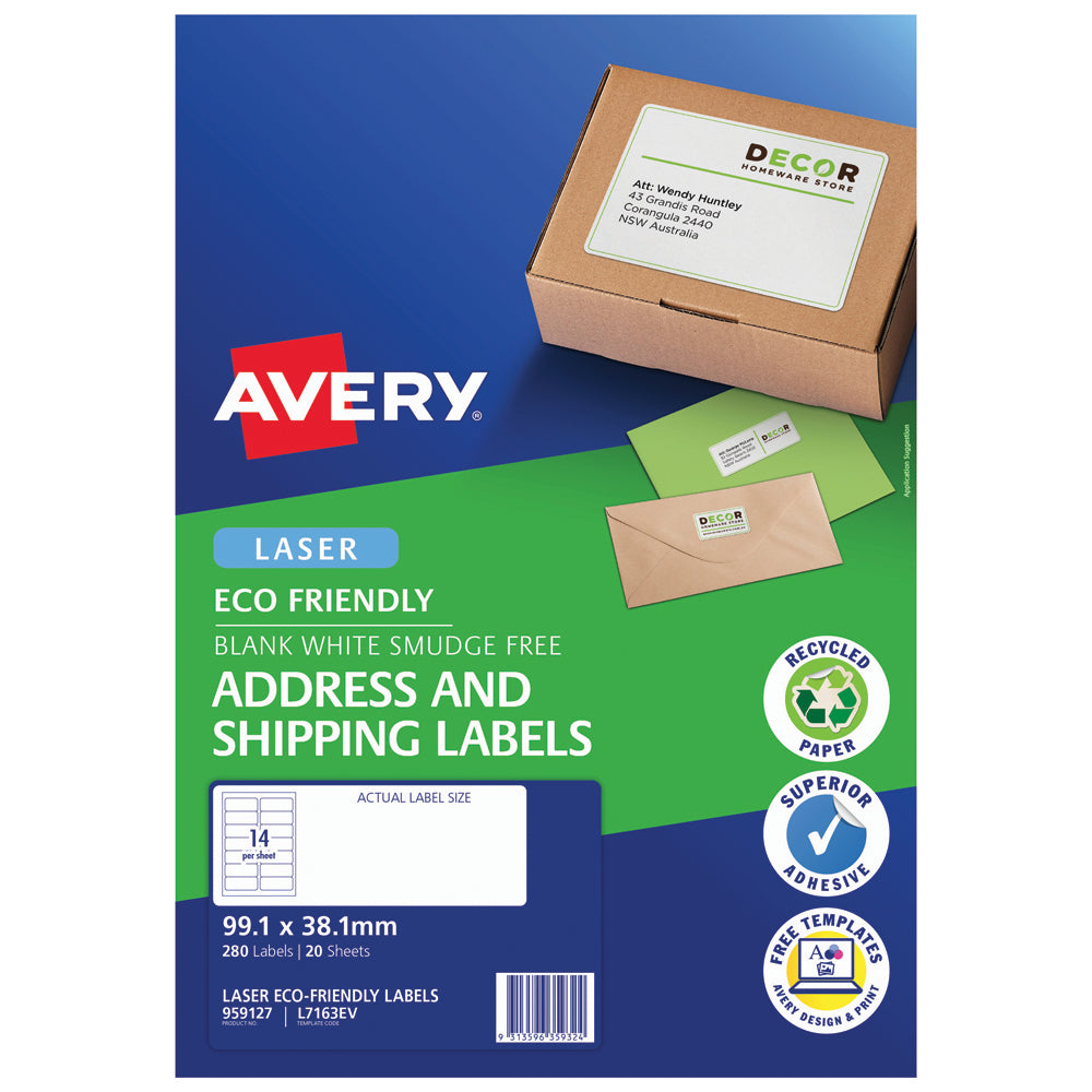 Avery Eco Friendly Address Labels 99.1x38.1mm 14up 20 Sheets L7163EV - Cafe Supply