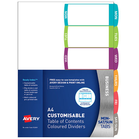 Avery Customisable Table Of Contents A4 Days Of Week 6 Tab Coloured - Cafe Supply