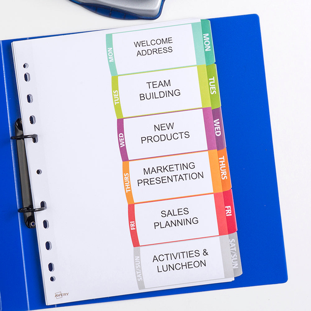 Avery Customisable Table Of Contents A4 Days Of Week 6 Tab Coloured - Cafe Supply