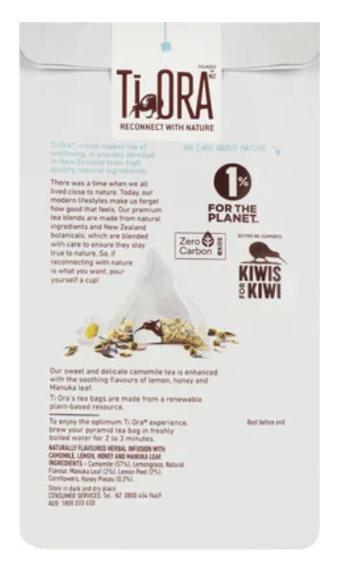 Ti Ora Herbal Infusion Camomile With Lemon Honey & New Zealand Manuka Leaf Pyramid Tea Bags 15pk - Cafe Supply