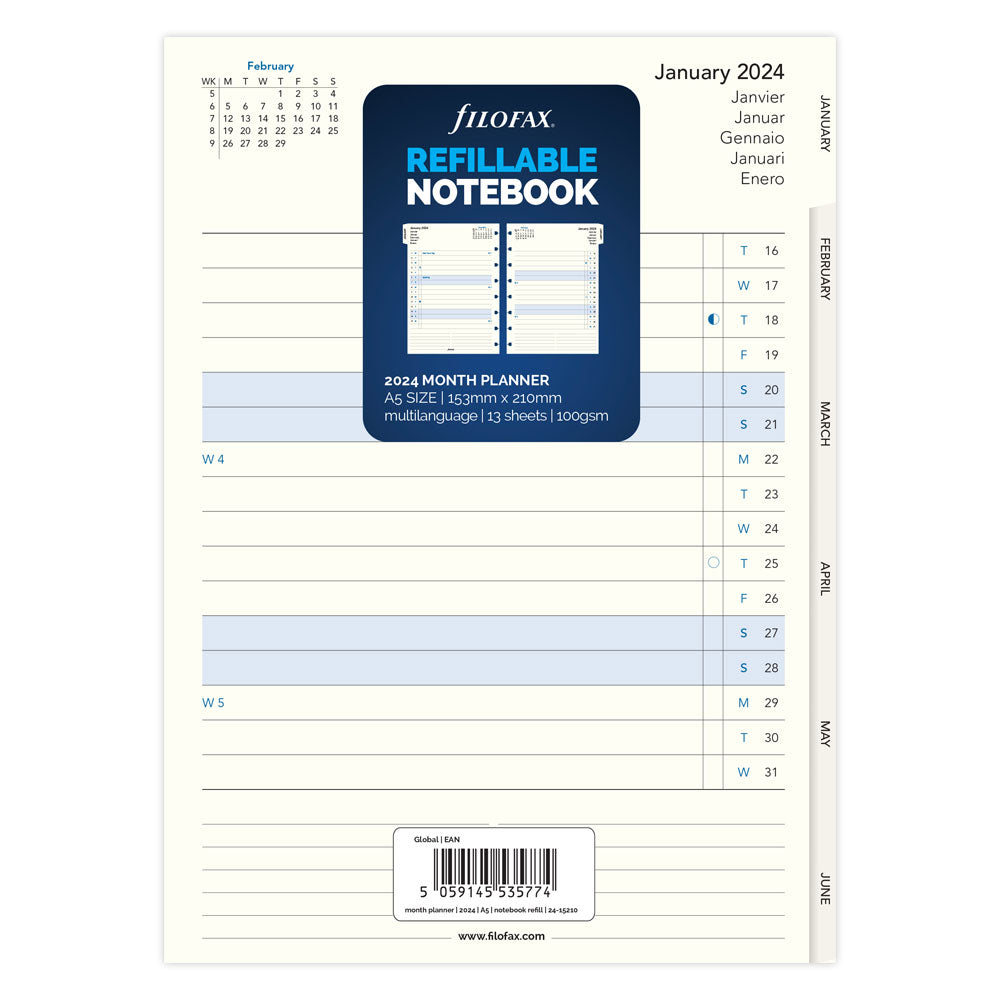 Filofax Refill Notebook A5 Month Planner 2024 - Cafe Supply