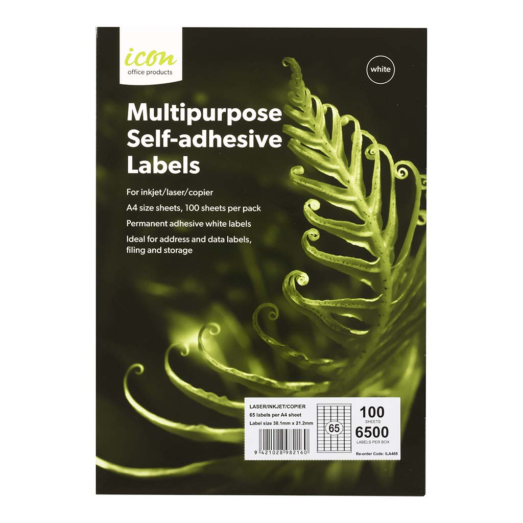 Icon Multipurpose Labels 65 Per Sheet 38.1x21.2mm, Pack of 100 - Cafe Supply