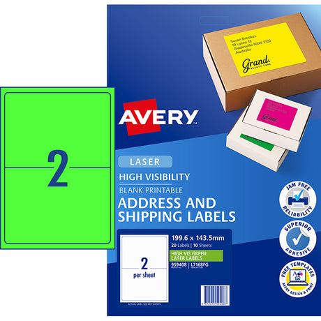 Avery Shipping Label L7168FG Fl Green Laser 199.6x143.5mm 2up 10 Sheets
