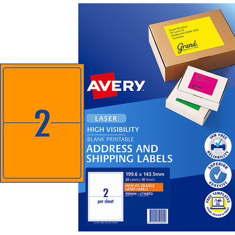 Avery Shipping Label L7168FO Fluoro Orange Laser 199.6x143.5mm 2 Up 10 Shts - Cafe Supply