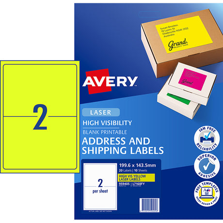 Avery Shipping Label L7168FY Fluoro Yellow Laser 199.6x143.5mm 2up 10 Shts