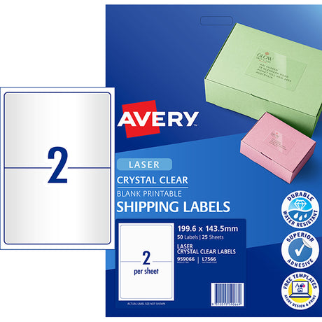 Avery Shipping Label L7566 Crystal Clear 199.6x143.5mm 2up 25 Sheets