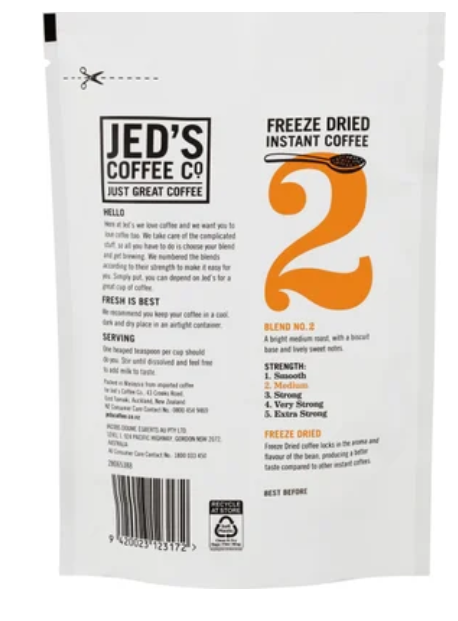 Jed's Coffee Co. #2 Medium Strength Instant Freeze Dried Coffee Refill 90g - Cafe Supply