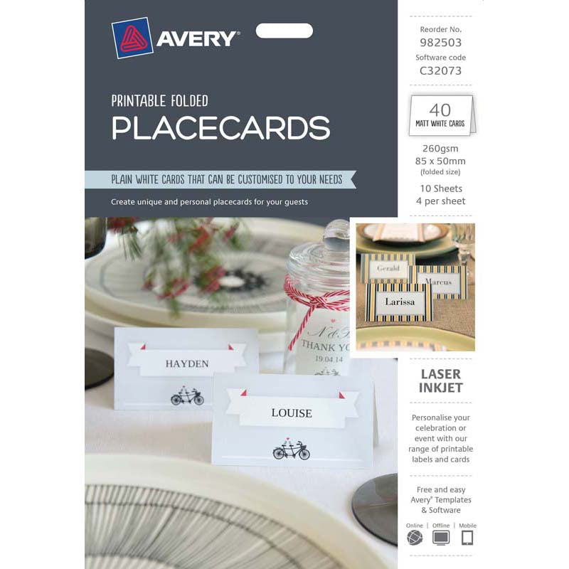 Avery Placecards 85x50mm Folded 4up 10 Sheets Inkjet Laser
