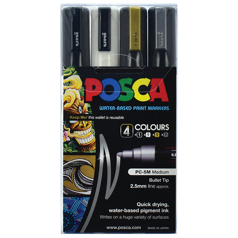 Uni Posca Marker 1.8-2.5mm Med Bullet 4 Pack Black White Gold Silver PC-5M - Cafe Supply