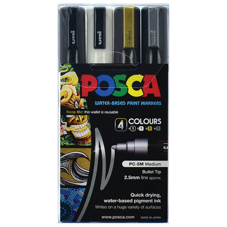 Uni Posca Marker 1.8-2.5mm Med Bullet 4 Pack Black White Gold Silver PC-5M - Cafe Supply