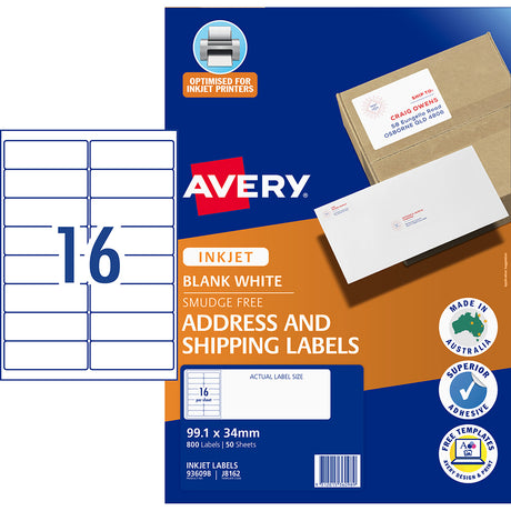 Avery Label J8162-50 Inkjet 16up 50 Sheets 99x34mm - Cafe Supply