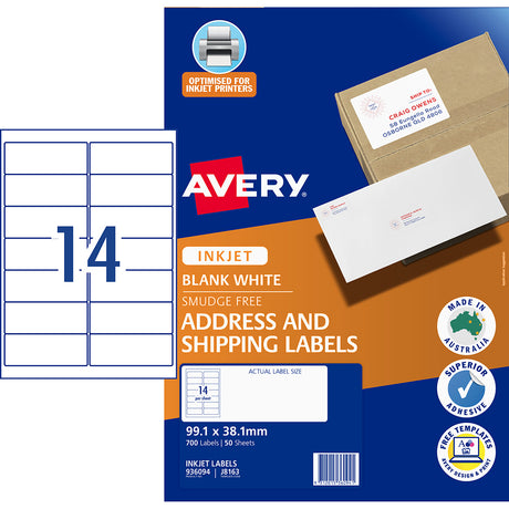 Avery Label J8163-50 Inkjet 14up 50 Sheets 99x38mm - Cafe Supply