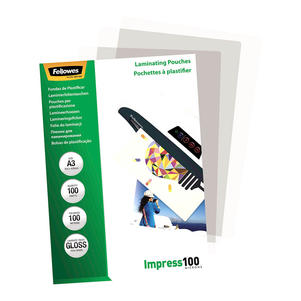 Fellowes Laminating Pouches A3 Gloss 100 Micron, Pack of 100 - Cafe Supply
