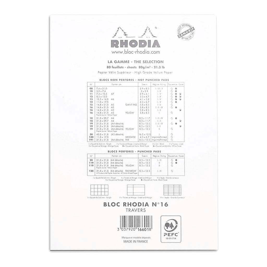 Rhodia Bloc Pad No. 16 A5 Lined White - Cafe Supply