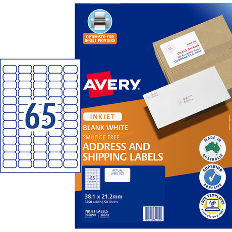 Avery Label J8651-50 Inkjet 65up 50 Sheets 38x21mm - Cafe Supply