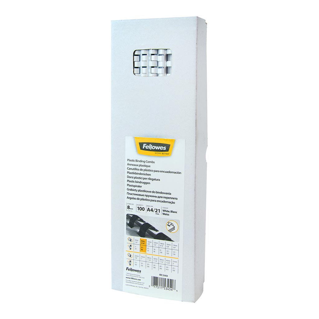 Fellowes Plastic Binding Coils 8mm White, Pack of 100 - Cafe Supply