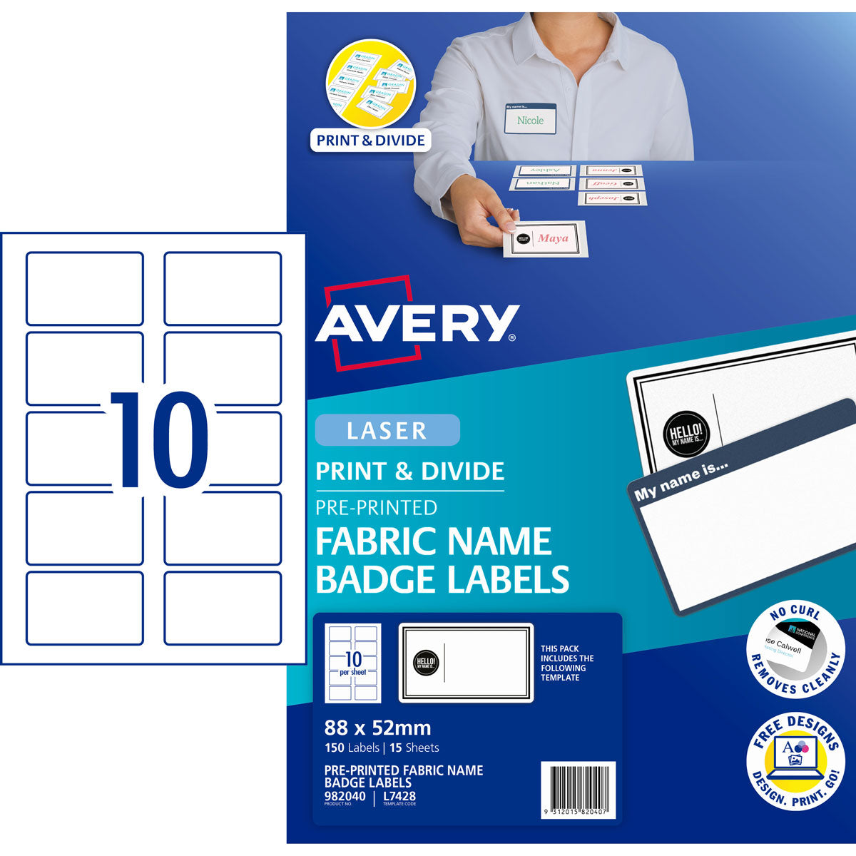 Avery "Hello! My Name Is" Fabric Print & Divide Name Badges Laser 88x52mm 150 Labels L7428