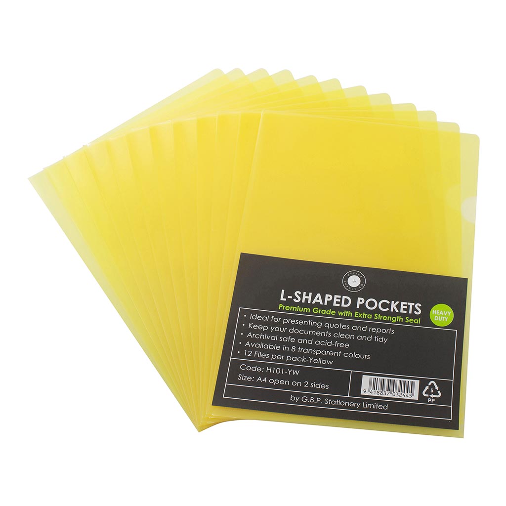 OSC L Shaped Pockets A4 Yellow, Pack of 12 - Cafe Supply