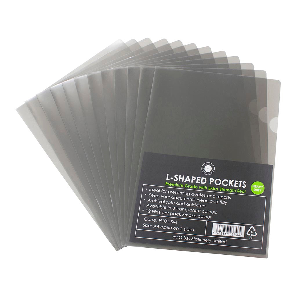 OSC L Shaped Pockets A4 Smoke, Pack of 12 - Cafe Supply