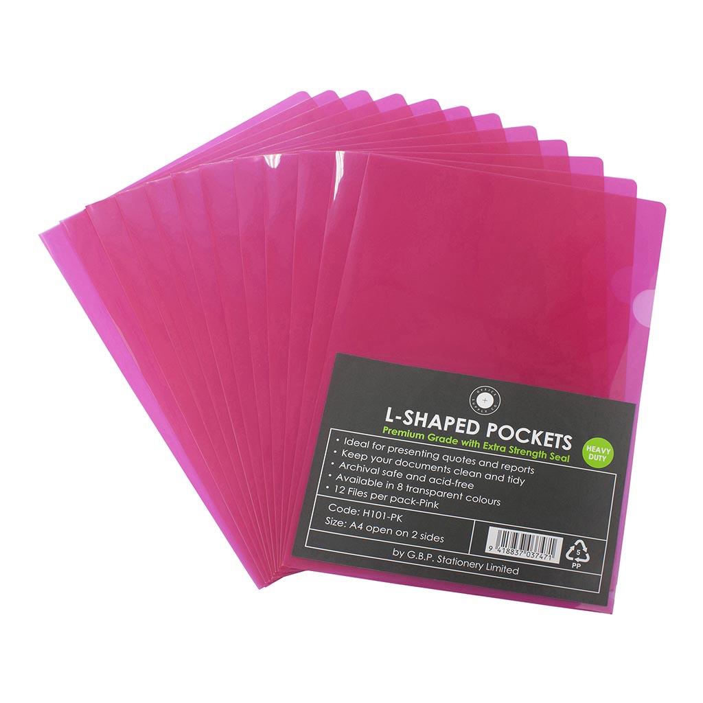 OSC L Shaped Pockets A4 Pink, Pack of 12 - Cafe Supply