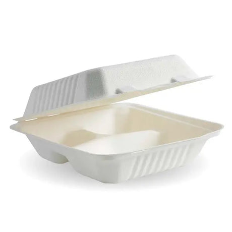 20x22x8cm / 7.8x8x3in 3-Compartment White Plant Fibre Clamshell - Cafe Supply