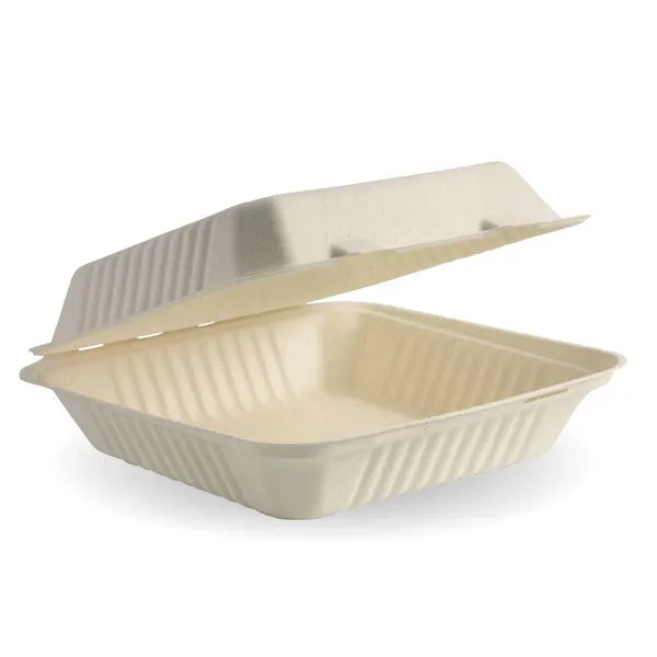 23x23x8cm / 9x9x3in Natural Plant Fibre Clamshell - Cafe Supply