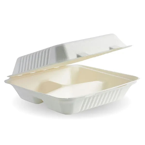 23x23x8cm 3-Compartment White Plant Fibre Clamshell - Cafe Supply