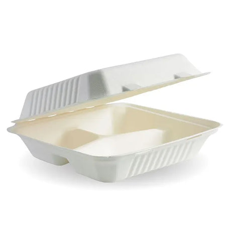 23x23x8cm 3-Compartment White Plant Fibre Clamshell - Cafe Supply