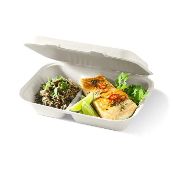 23x15x8cm / 9x6x3in 2-Compartment White Plant Fibre Clamshell - Cafe Supply