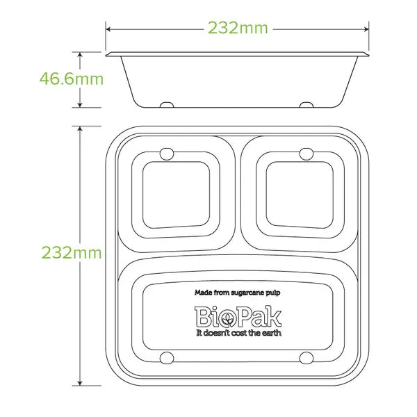 3-Compartment Large Natural Plant Fibre Takeaway Base