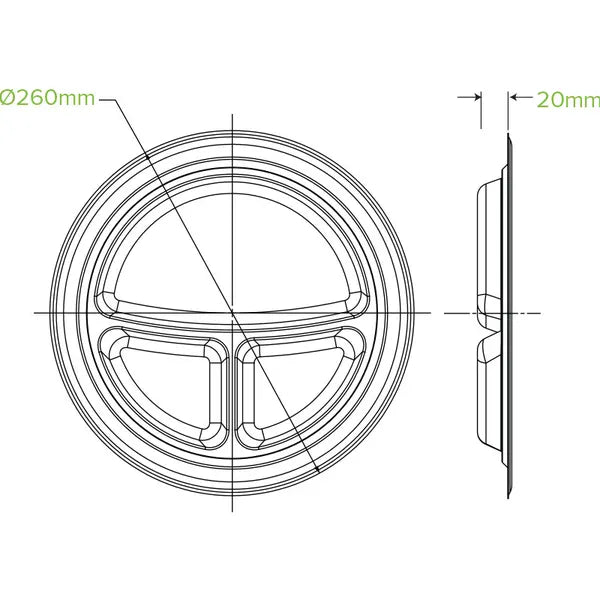 25cm / 10" 3-Compartment Round Plant Fibre Plate - Cafe Supply