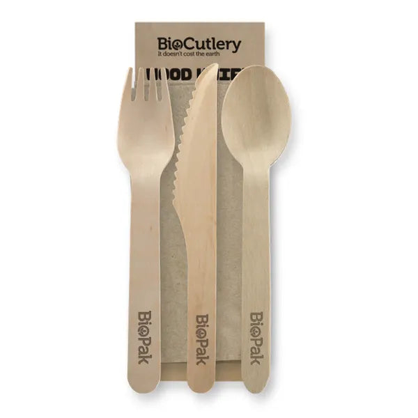 16cm Wood Knife, Fork, Spoon & Napkin Set - Cafe Supply