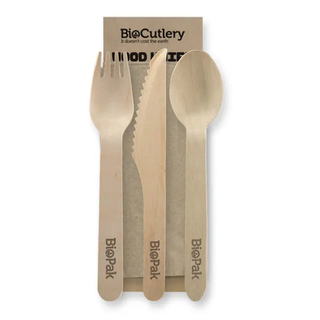 16cm Wood Knife, Fork, Spoon & Napkin Set - Cafe Supply