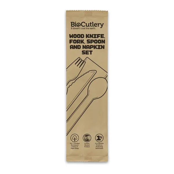 16cm Wood Knife, Fork, Spoon & Napkin Set - Cafe Supply