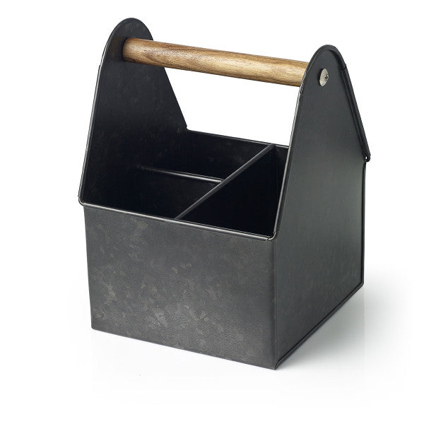 Chef Inox Coney Island 3-Compartment Utensil Black Caddy with Wood Handle - Cafe Supply