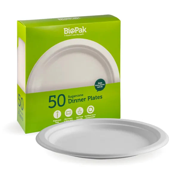 50 Pack – 25cm / 10" White BioPlates - Cafe Supply