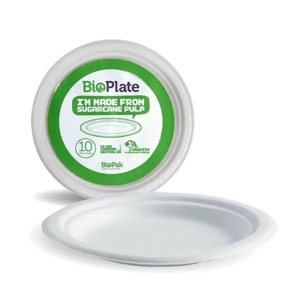 10 Pack - 18cm / 7" White BioPlates in Plastic Sleeves - Cafe Supply