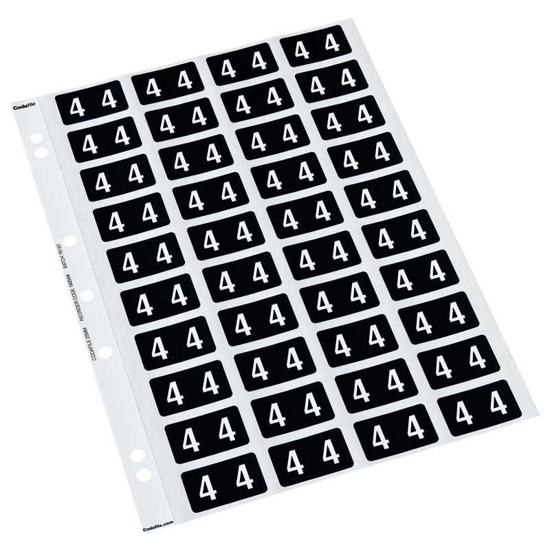Codafile Label Numeric 4 25mm Pack 5 Sheets - Cafe Supply
