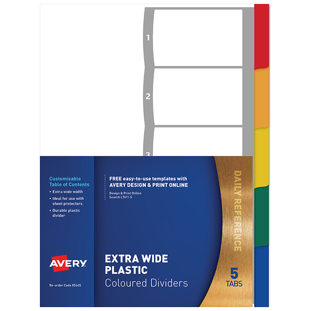 Avery Dividers A4 5 Tab Coloured PP Extra Wide - Cafe Supply