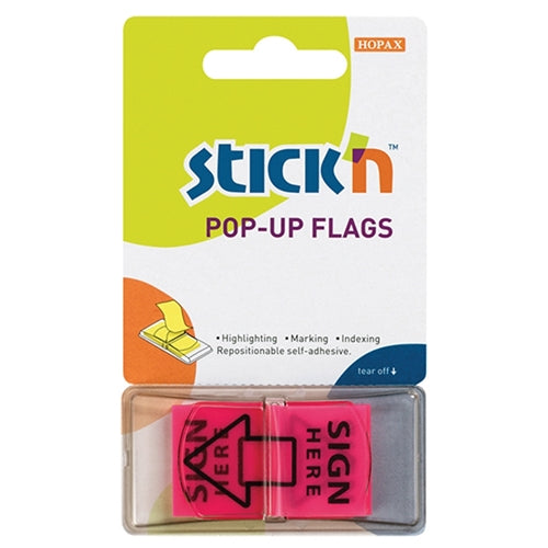 Stick'n Pop Up Flags Sign Here Pink 45x25mm 50 Sheets - Cafe Supply