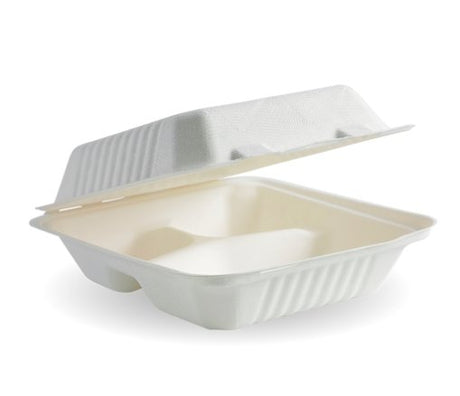 20X22X8CM / 7.8X8X3" 3-COMPARTMENT WHITE BIOCANE CLAMSHELL - Cafe Supply