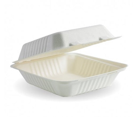 20X22X9CM / 7.8X8X3" WHITE BIOCANE CLAMSHELL - Cafe Supply