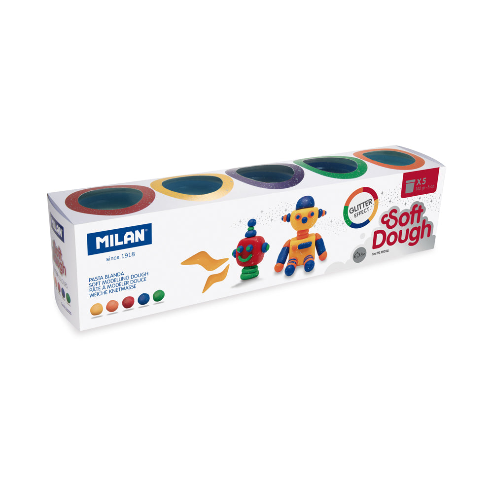 Milan Soft Dough Glitter Colours Assorted Pack 5 - Cafe Supply