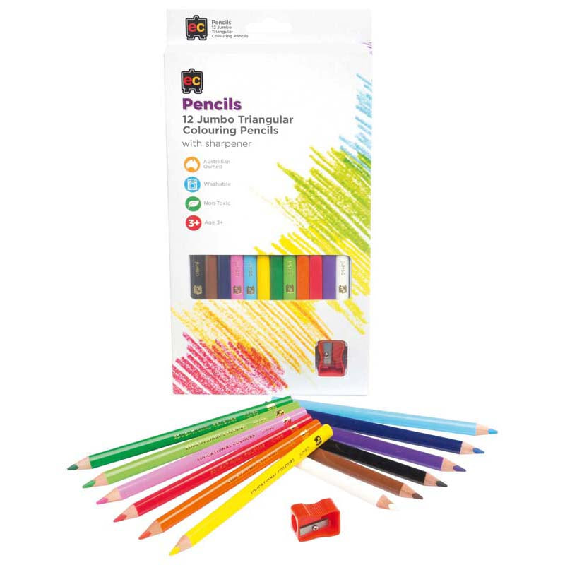 EC Triangular Jumbo Pencils Pack 12 Washable Assorted Colours With Sharpener - Cafe Supply