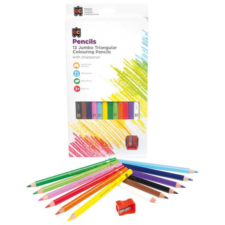 EC Triangular Jumbo Pencils Pack 12 Washable Assorted Colours With Sharpener - Cafe Supply