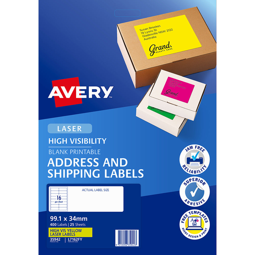 Avery Shipping Label L7162FY Fluoro Yellow Laser 99.1x34mm 16up 25 Sheets - Cafe Supply