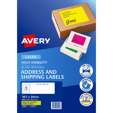Avery Shipping Label L7162FY Fluoro Yellow Laser 99.1x34mm 16up 25 Sheets - Cafe Supply