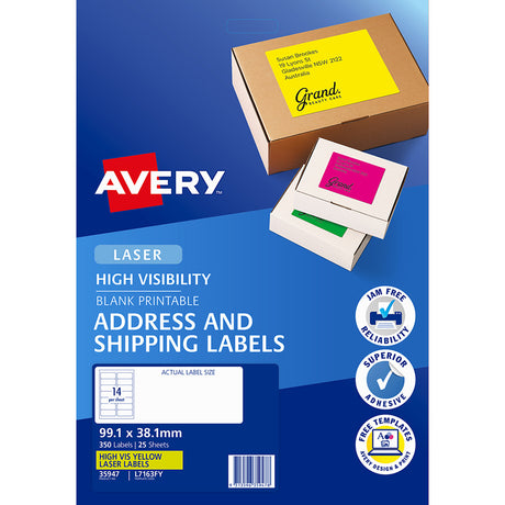 Avery Shipping Label L7163FY Flo Yellow Laser 99.1x38.1mm 14up 25 Sheets - Cafe Supply