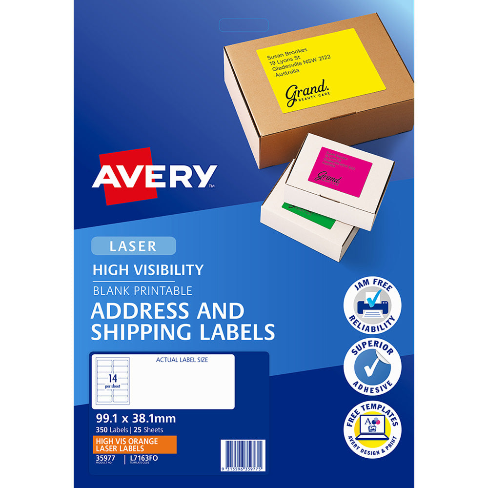 Avery Shipping Label L7163FO Flo Orange Laser 99.1x38.1mm 14up 25 Sheets - Cafe Supply